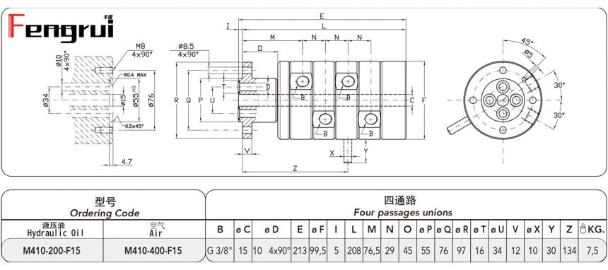 FRDTM410型四通路旋轉接頭圖紙及規格型號尺寸(帶直中心孔)